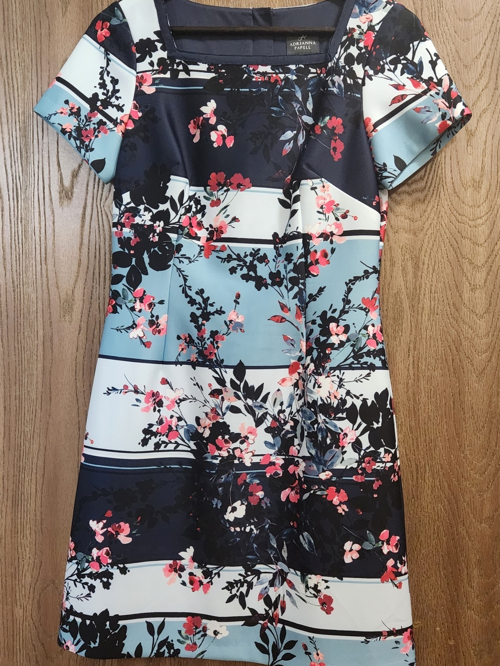 Adrianna Papell Navy, Light Blue & Pink Floral Stripe Square-Neck Dress